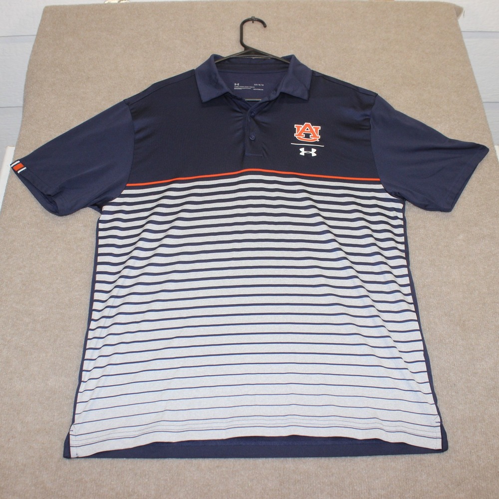 Under Armour Auburn Tigers Polo Shirt Mens Large Blue Striped HeatGear Loose Fit